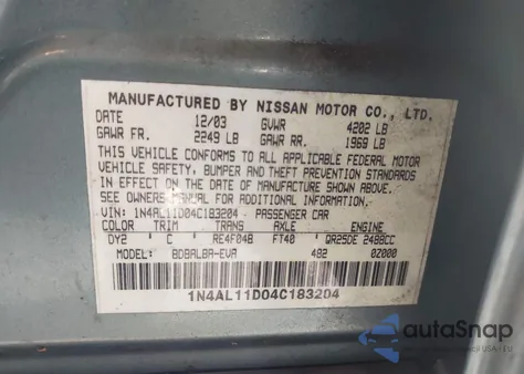 2004 Nissan Altima 2.5 S from USA, damaged, VIN 1N4AL11D04C183204